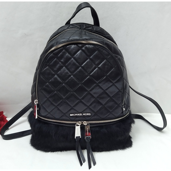 Michael Kors Rhea Black Leather Quilted Fur Zipper Top Handle Backpack main image 14